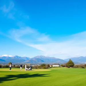 Golfers playing on a beautiful golf course with a luxury resort nearby