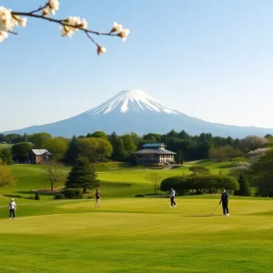 A picturesque golf course in Japan featuring cherry blossoms and Mount Fuji.