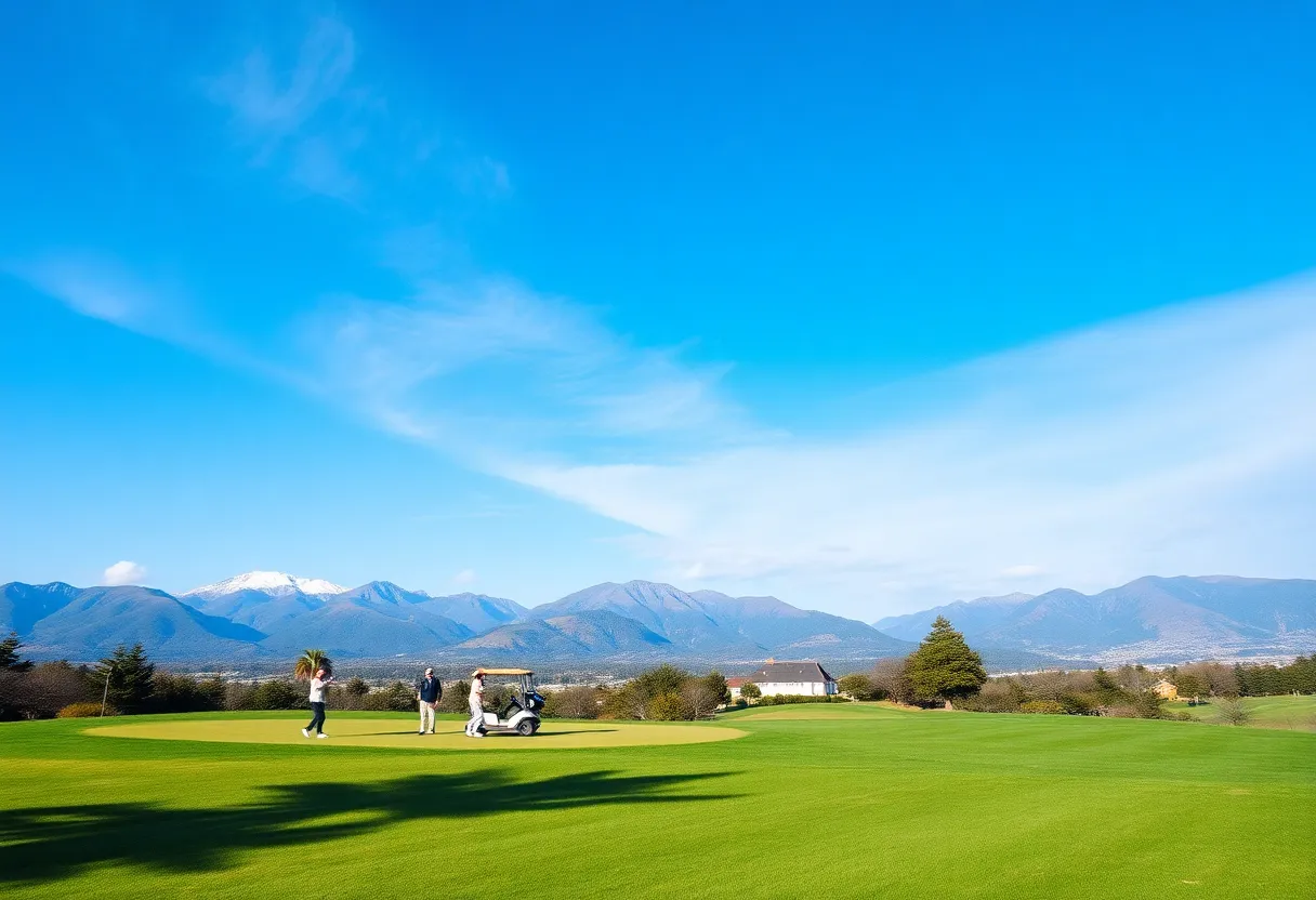 Golfers playing on a beautiful golf course with a luxury resort nearby