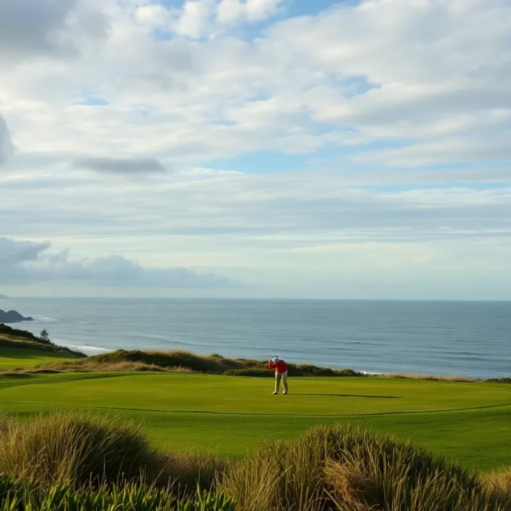 Golf hole by the ocean with rocky terrain at Pebble Beach