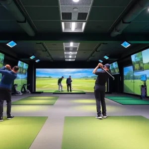 Indoor golf facility with golfers practicing in climate-controlled bays