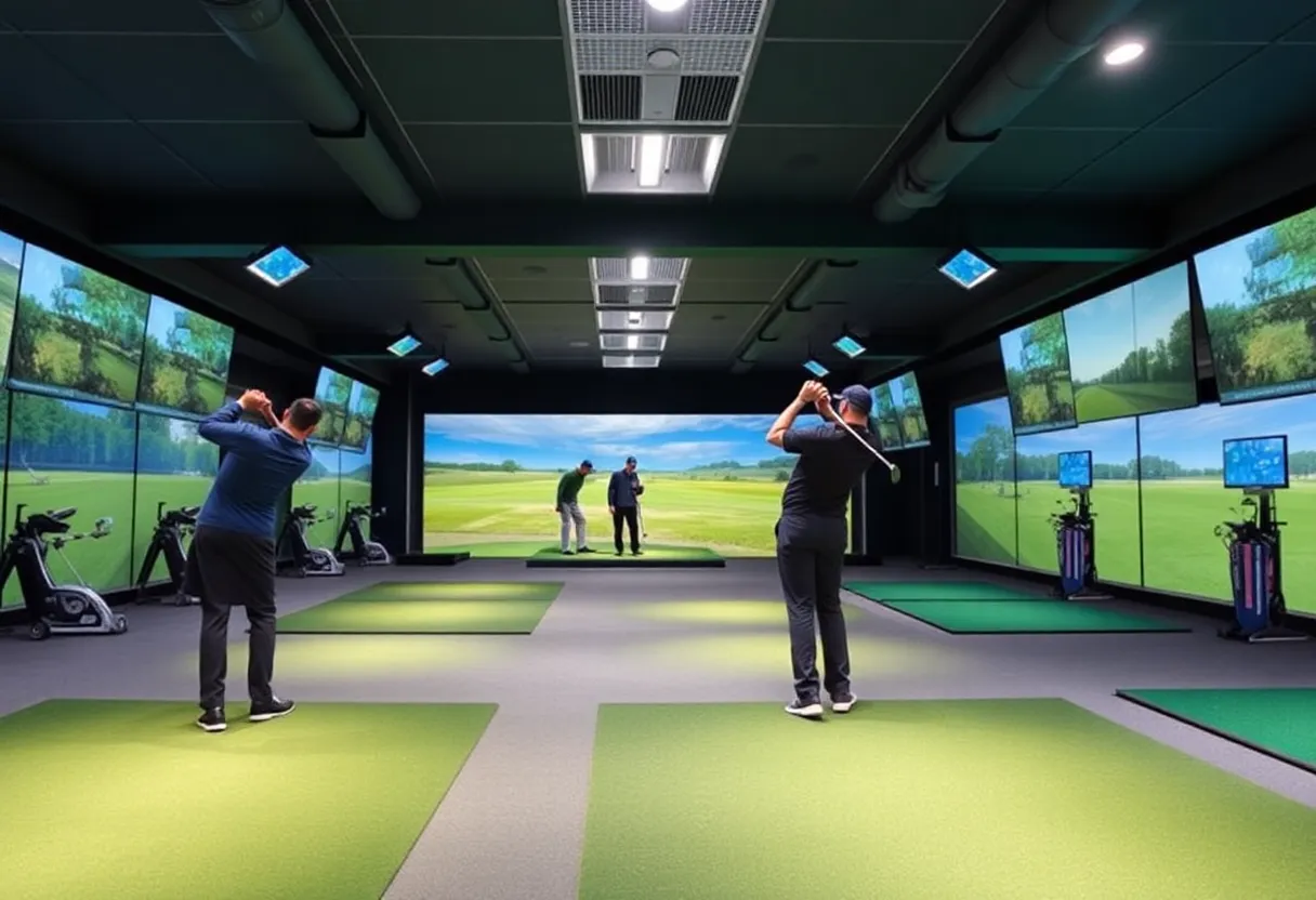 Indoor golf facility with golfers practicing in climate-controlled bays