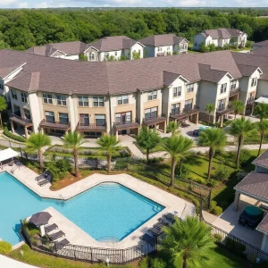 Artist's rendering of townhomes in St. Petersburg with lush landscaping