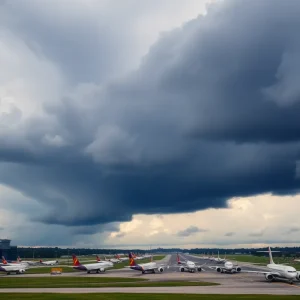 Cloudy and stormy sky over an airport runway in Florida