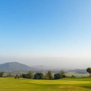 Lush green golf course in India with historical landmarks