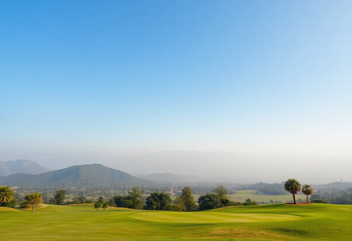 Lush green golf course in India with historical landmarks