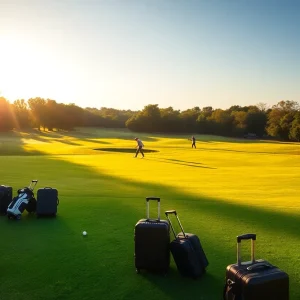 A vibrant sunset over a golf course with golfers on the fairway.