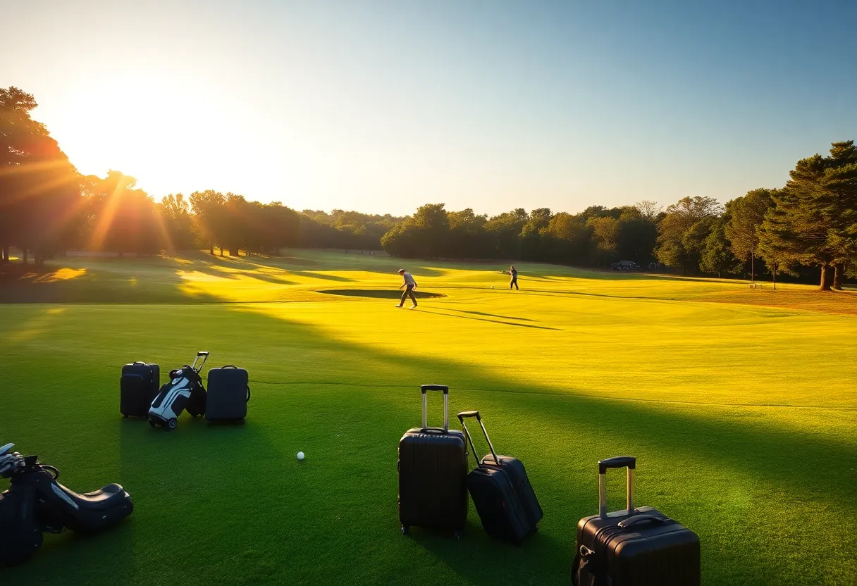 A vibrant sunset over a golf course with golfers on the fairway.