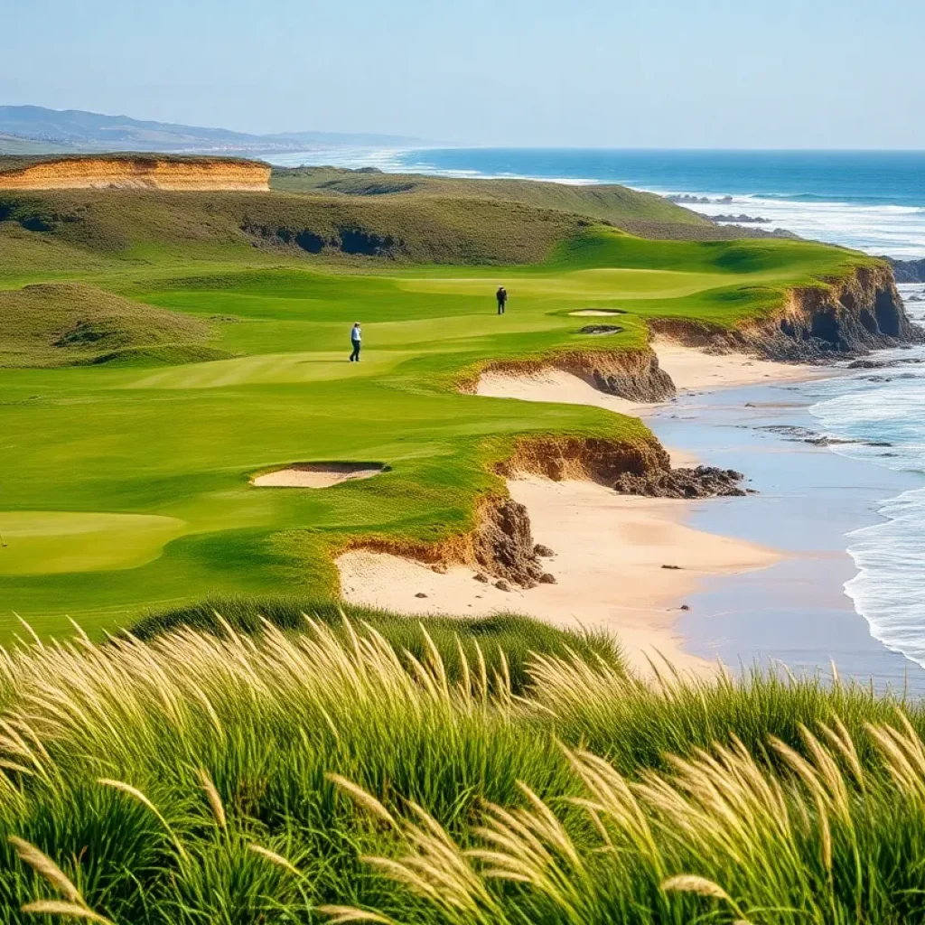 A scenic links golf course by the coast with golfers playing.