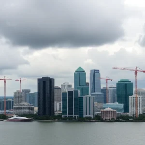 Construction in Tampa Bay under cloudy skies