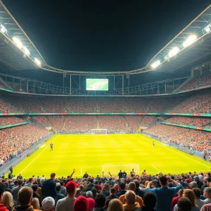 Stadium filled with fans cheering for a soccer match.