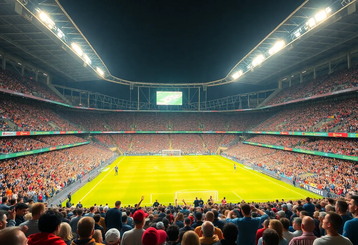 Stadium filled with fans cheering for a soccer match.