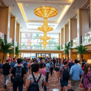 Vibrant hotel lobby in Tampa with guests checking in