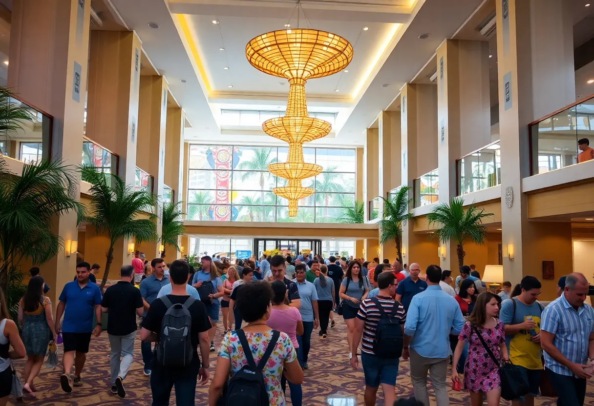 Vibrant hotel lobby in Tampa with guests checking in