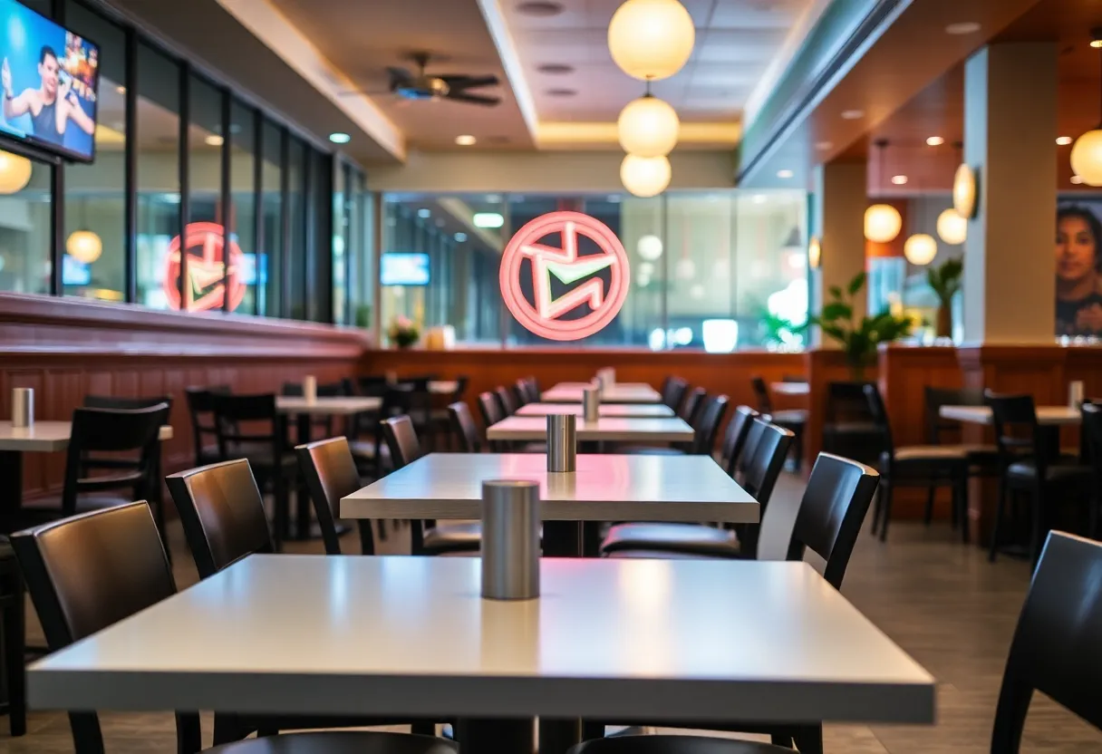 Empty restaurant tables in Tampa, reflecting job layoffs