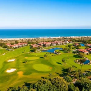 Beautiful landscape of Te Arai Links Golf Resort with ocean views and green golf courses.