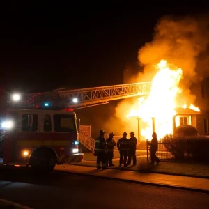 Firefighters extinguishing a nighttime house fire in Temple Terrace, Florida.