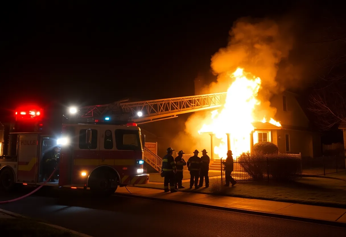 Firefighters extinguishing a nighttime house fire in Temple Terrace, Florida.