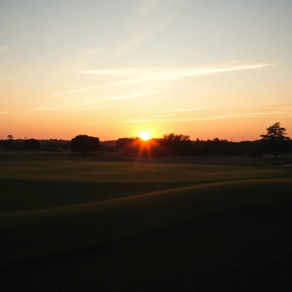 A serene golf course at sunset symbolizing Tiger Woods' potential retirement.