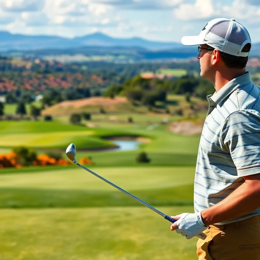 Golfers playing on a scenic golf course while traveling