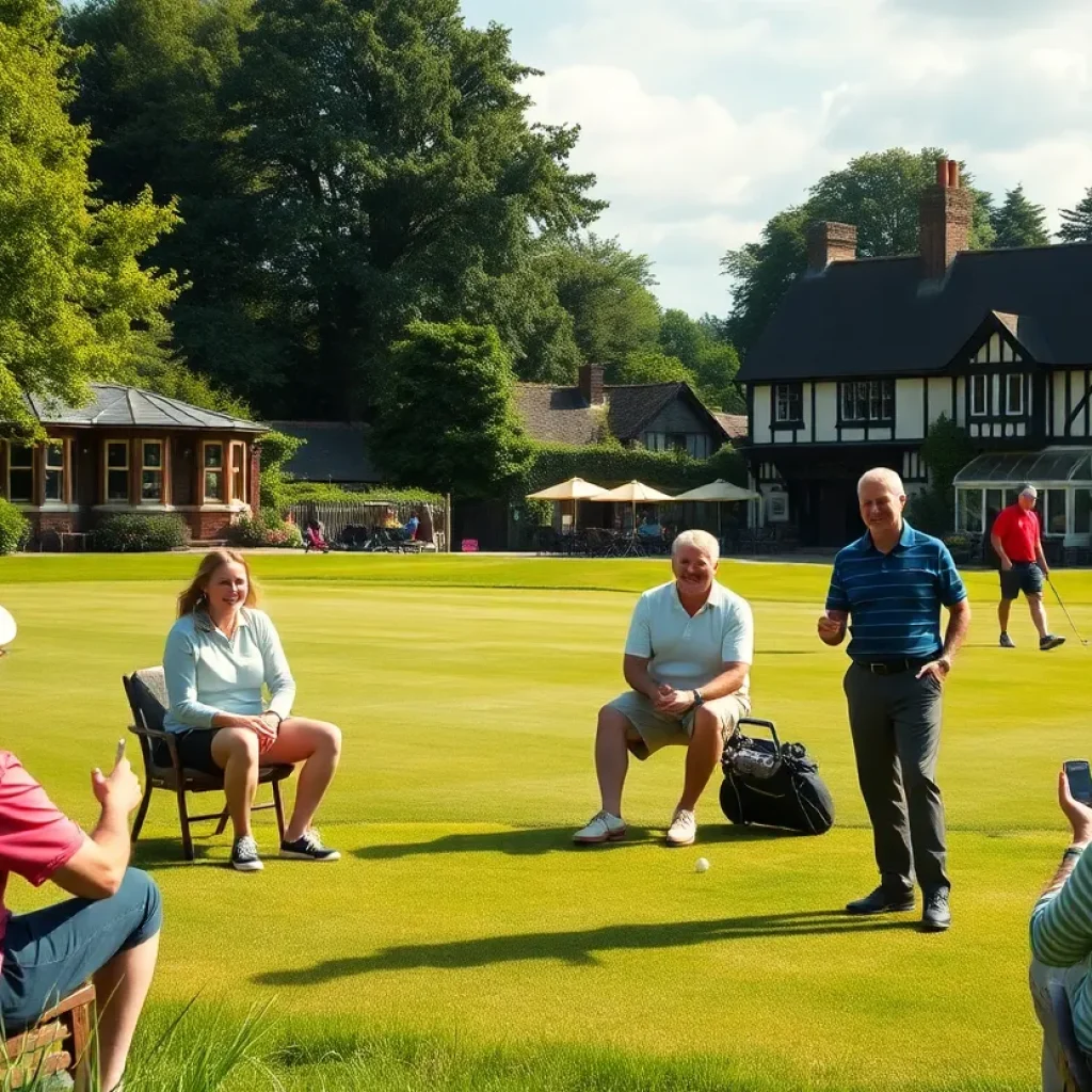 A scenic view of a UK golf course with traditional food.