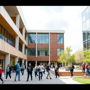 Students engaged in activities at the university business college campus.