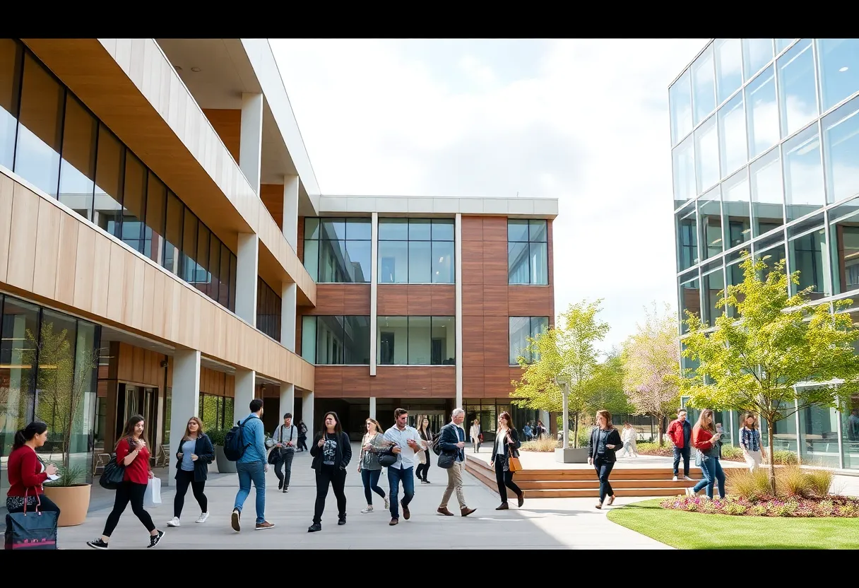 Students engaged in activities at the university business college campus.