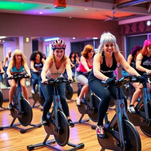 Participants enjoying a lively cycling class with instructors dressed as pop culture icons at USF.