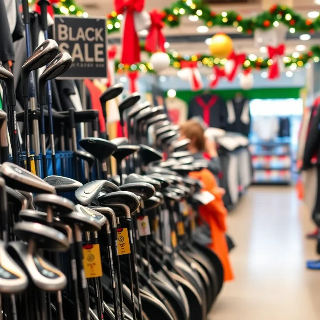 Display of discounted golf gear and apparel for Black Friday