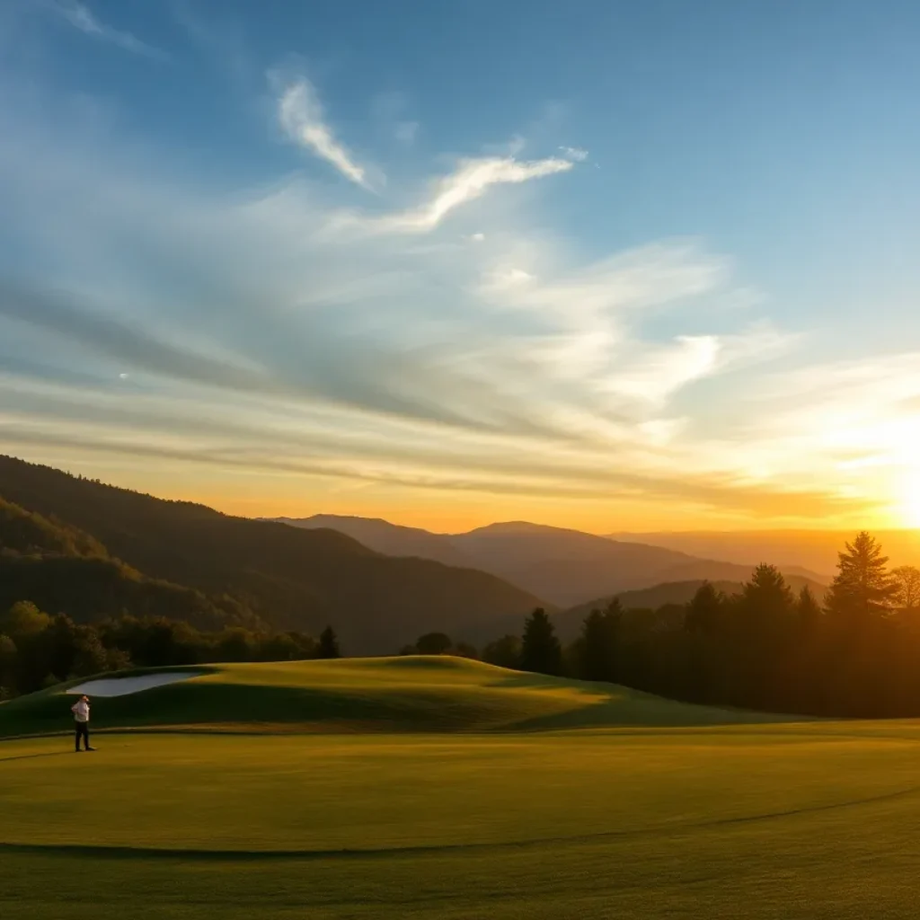 A panoramic view of a lush golf course set against the rolling hills of West Virginia.