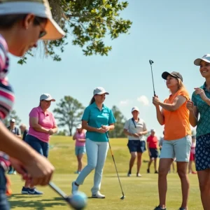 Women golfers showcasing their skills on the course under a clear sky.