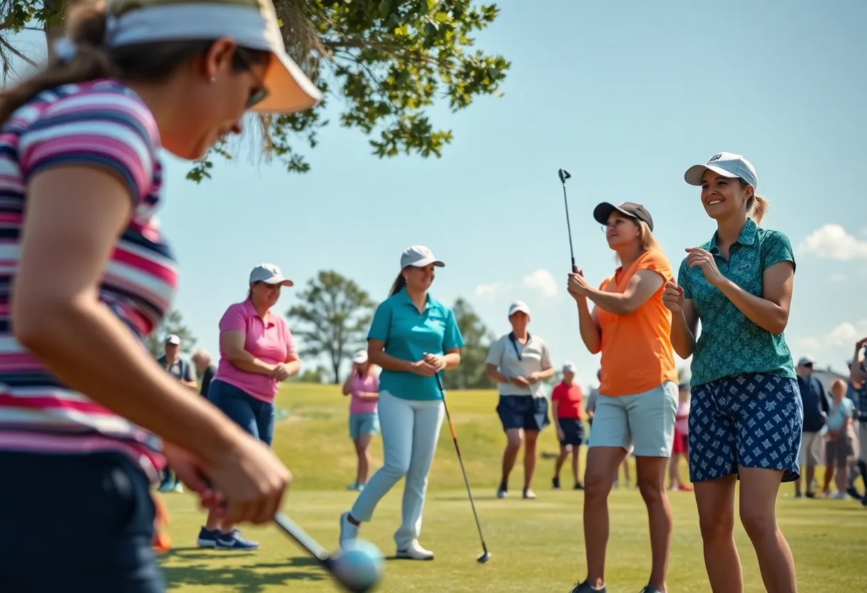 Women golfers showcasing their skills on the course under a clear sky.