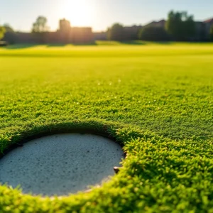 Close up of a beautiful golf course, showcasing lush greens and palm trees.