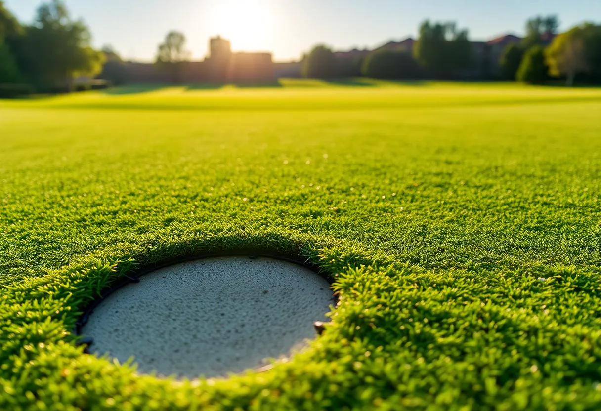 Close up of a beautiful golf course, showcasing lush greens and palm trees.