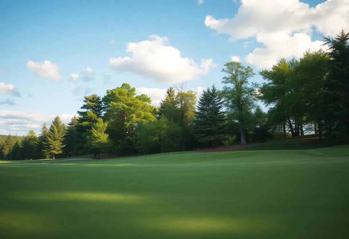 Close up of a beautiful golf course with green grass and flowers