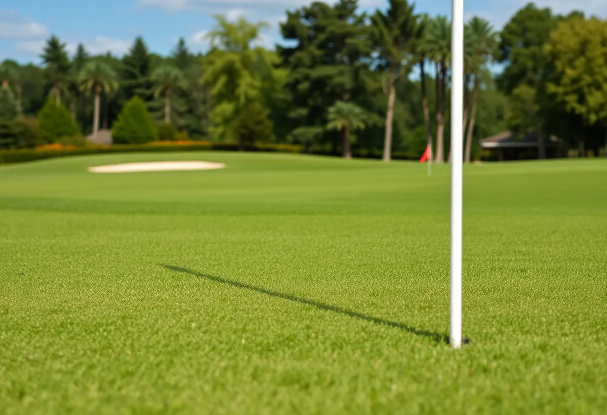 Beautiful golf course landscape with lush greens and a calm lake