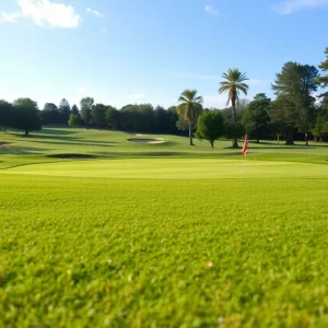 A close up of a beautiful golf course with vibrant green grass.