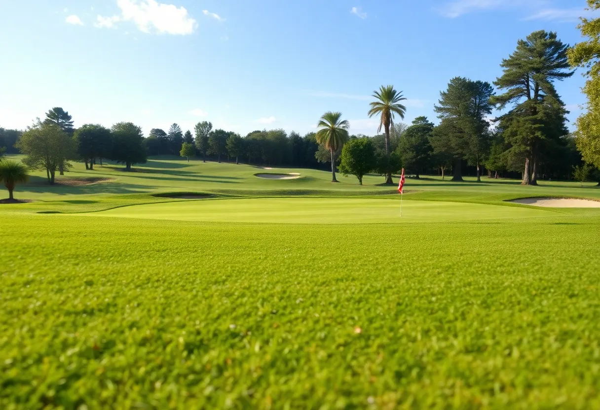 A close up of a beautiful golf course with vibrant green grass.