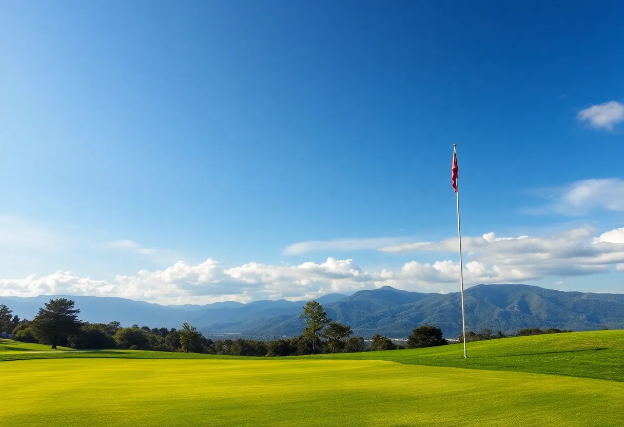 A stunning close up view of a golf course showcasing lush green fairways