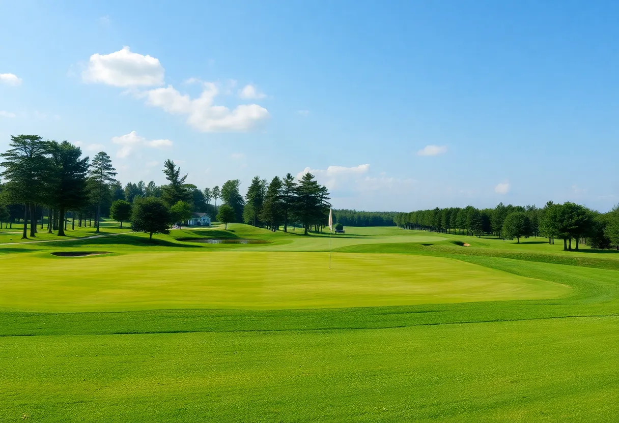 Close Up of a Beautiful Golf Course featuring a lush fairway and pristine water