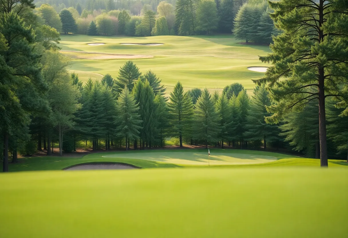 A close-up view of a beautiful golf course with vibrant greenery and palm trees.