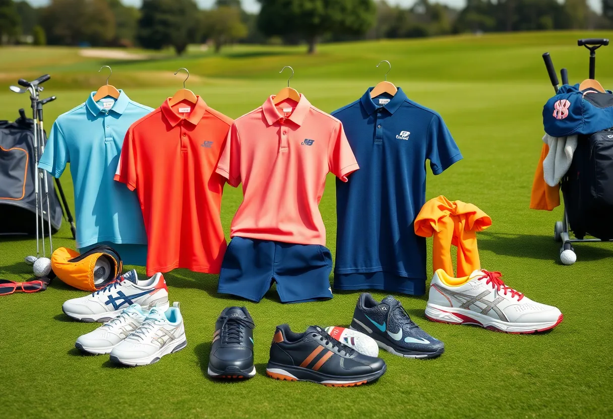 Variety of Adidas Golf gear displayed in a spring setting