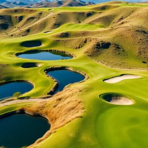 Aerial view of Bay Hill Golf Course with rolling hills and ponds