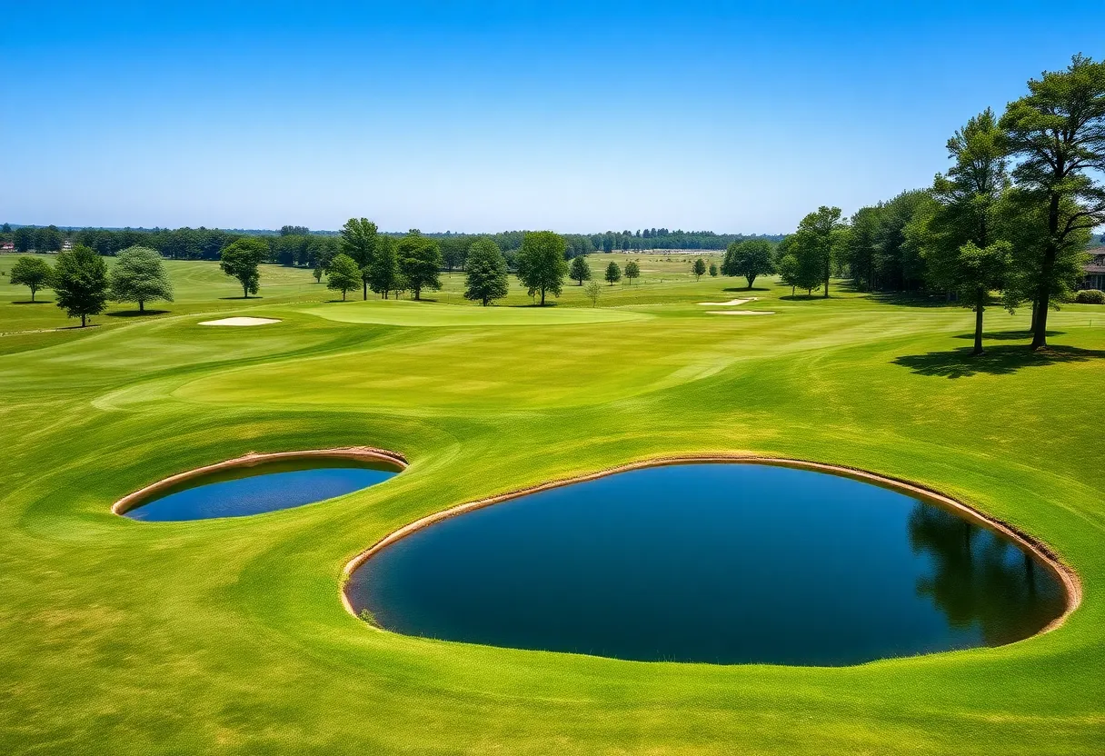 Aerial view of Bay Hill Golf Course showcasing its hilly design and water features