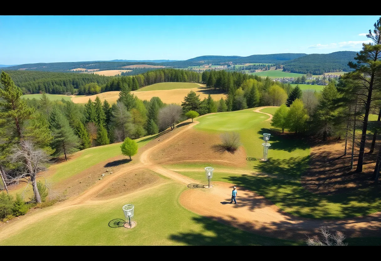 Aerial view of Beal Slough Disc Golf Course with players in action