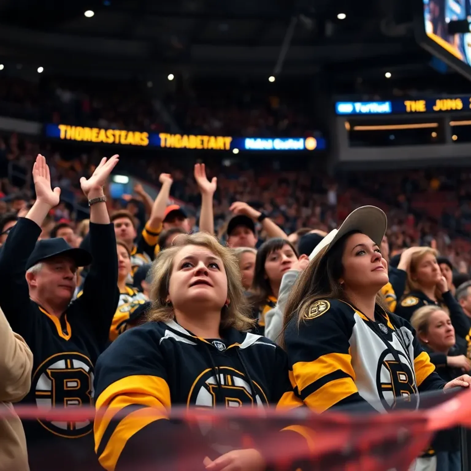 Fans reacting during a Boston Bruins hockey game