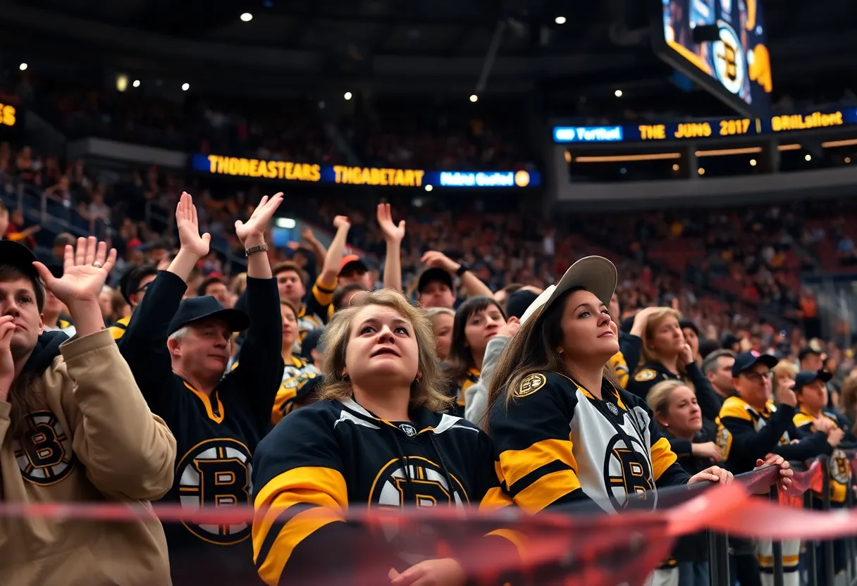 Fans reacting during a Boston Bruins hockey game