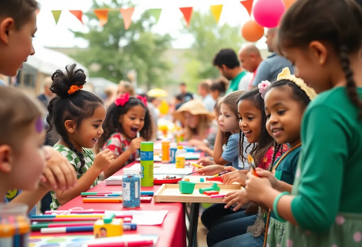 Children participating in craft-making and activities at the Brandon special needs celebration.