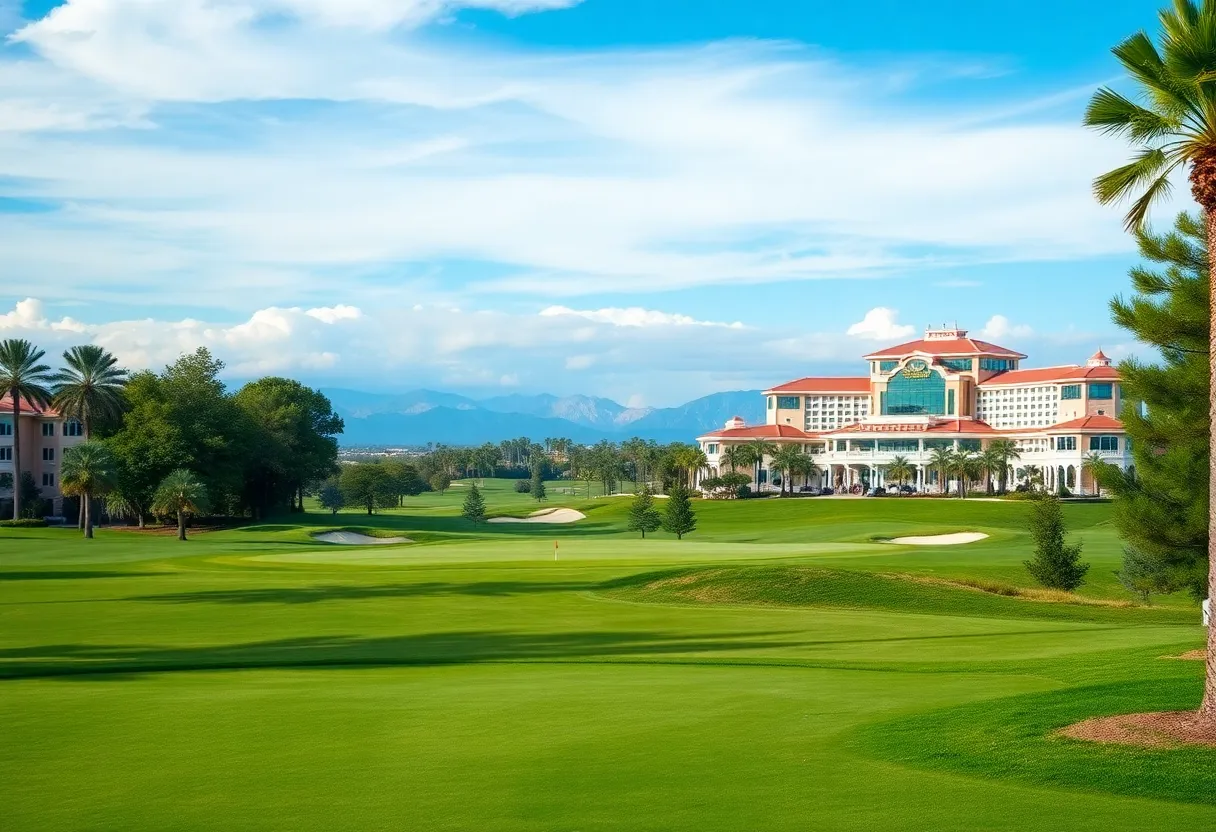 Golf course near a casino at sunset