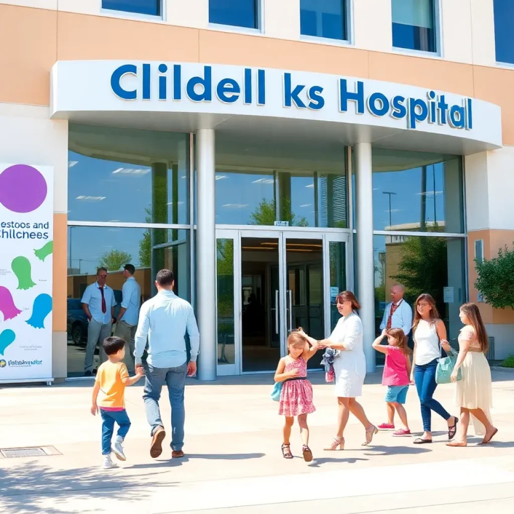 Exterior view of a children's hospital with happy families.